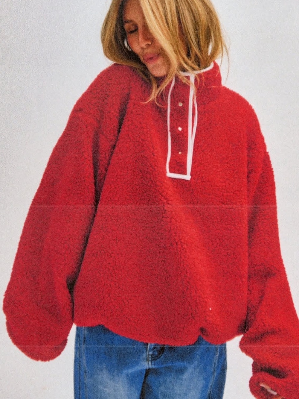 Parke Sweaters | Parke Red Sherpa Pullover With White Trim | Color: Red/White